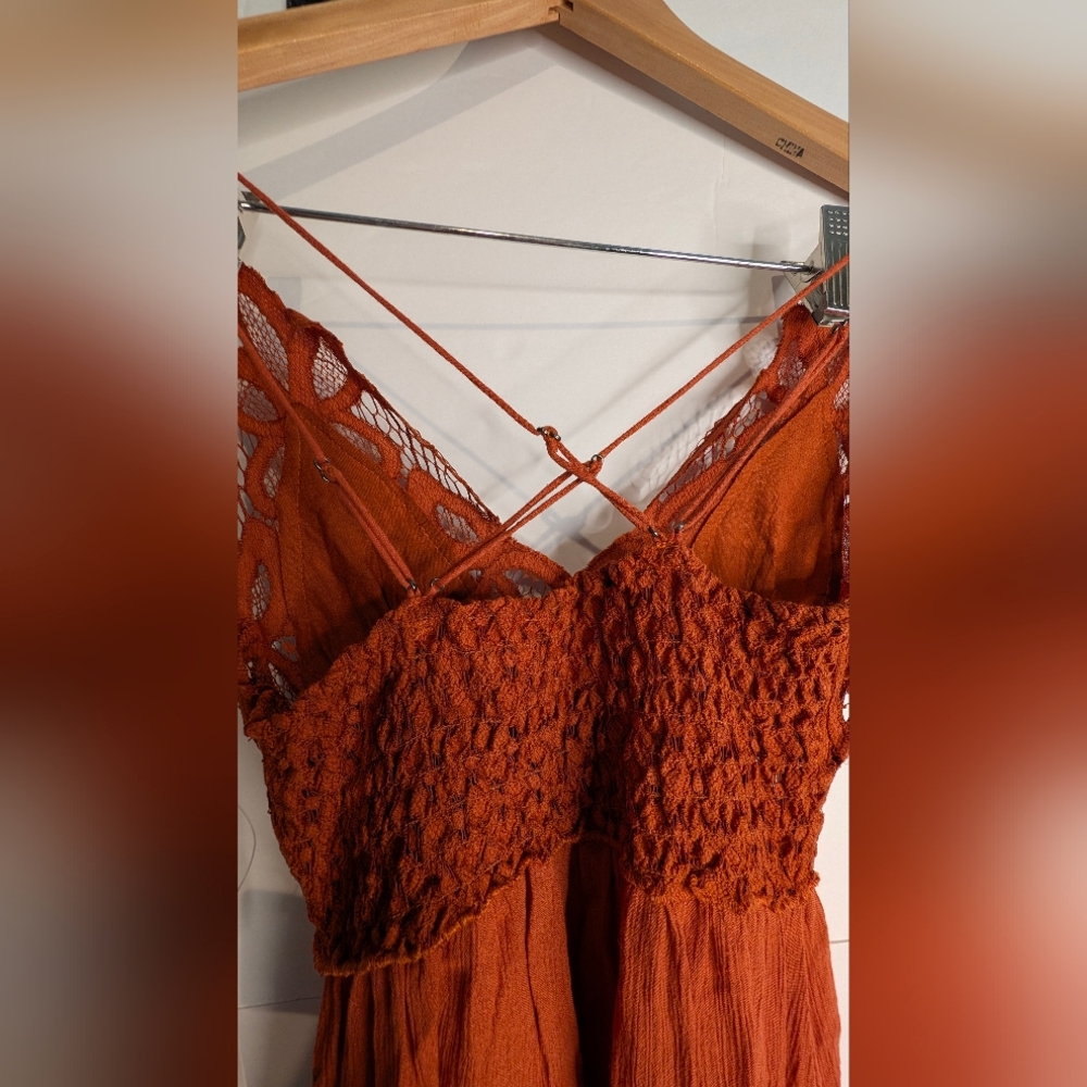 Intimately Free People Adella Ochre Dress. Asymmetrical Hem. Lace Detailing - Picture 12 of 15